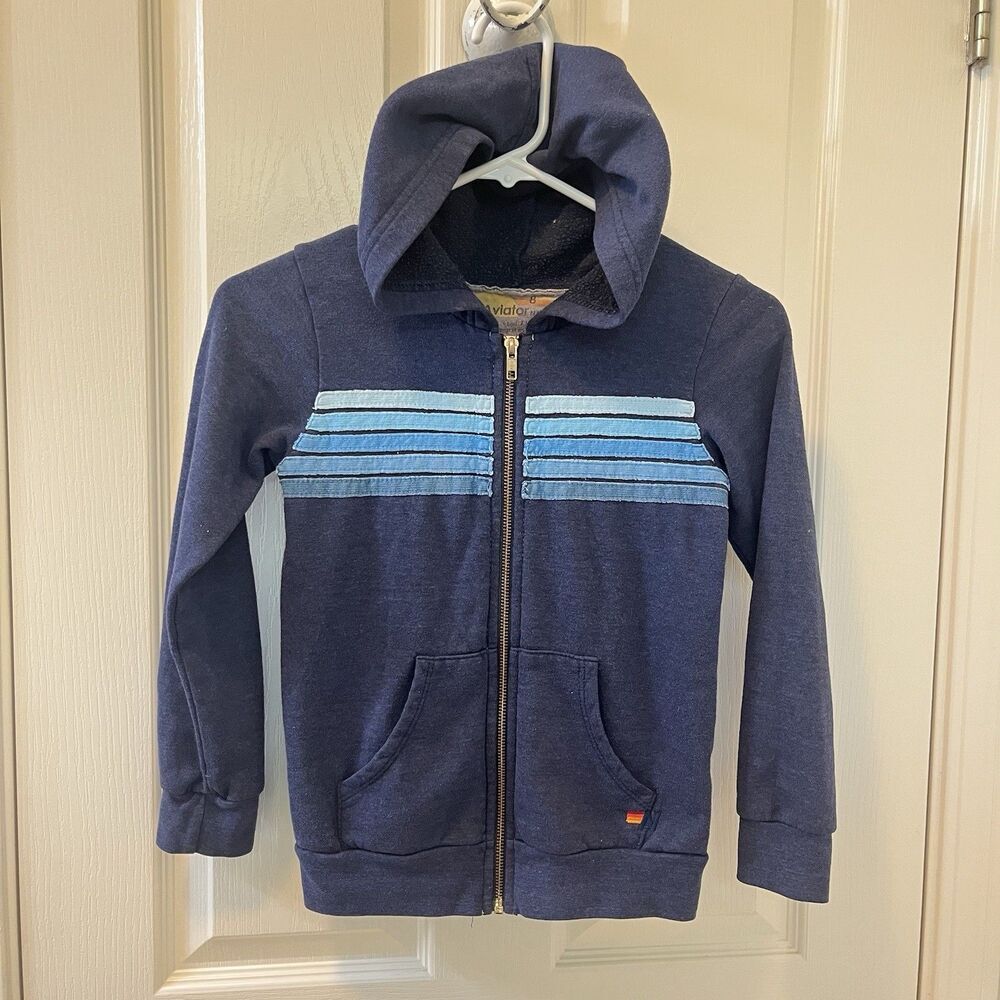 Aviator Nation Kid's Blue 5 Stripe Hoodie Full Zip Size 8